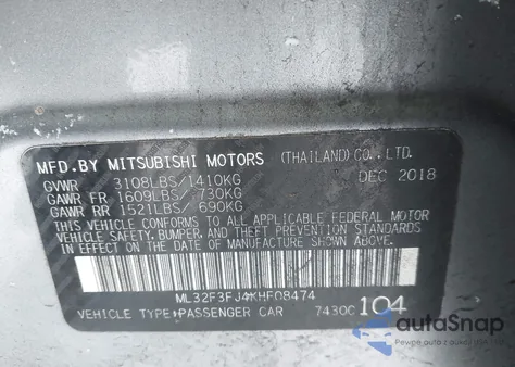 2019 Mitsubishi Mirage G4 Es z USA, uszkodzony, nr VIN ML32F3FJ4KHF08474